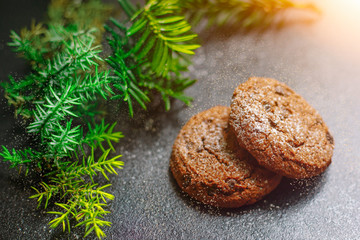 christmas cookies with chocolate in powdered sugar coniferous branch solar light on the table