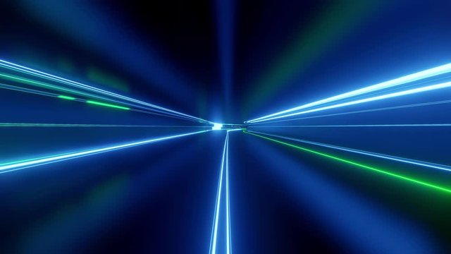 4k looped abstract high-tech tunnel with neon lights, camera flies through tunnel, blue green neon lights flicker. Sci-fi background in the style of cyberpunk or high-tech future. Background
