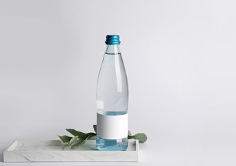 Bottle of clean water and green leaves on light background