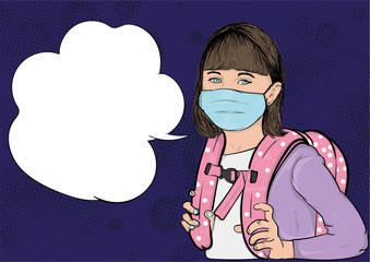 schoolgirl in medical mask,covid school,pandemic, girl in school, girl with backpack in school, medical mask, children in school in pandemic