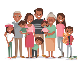 Fototapeta premium Big happy multi-generational afro-american family siblings relatives portrait. Vector people. Seniors mother and father with babies, children grandchildrens and grandparents. Grandma grandpa mom dad.