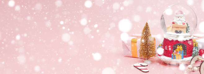 Banner, Christmas composition, gifts on pastel pink background, copy space