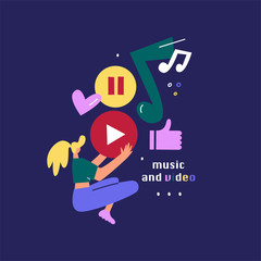 Girl holding play button flat illustration. Modern recreation, music and video streaming design.