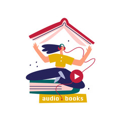 Fototapeta premium Girl sitting in a pile of books. Audiobook concept. Books online. Flat illustration on white background.