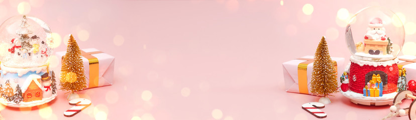 Banner, Christmas composition, gifts on pastel pink background, copy space