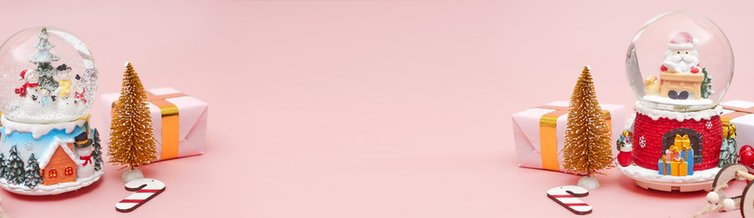 Banner, Christmas composition, gifts on pastel pink background, copy space