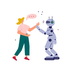 Woman talking and hands shake with robot. Concept future business illustration. Flat cartoon style illustration.