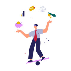 Businessman juggling business icons. Business concept illustration. Flat cartoon style illustration.