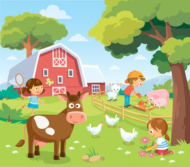 Farm landscape with children. Picture view with farm animals cow pig chicken and barn. Summer holidays at the countryside.