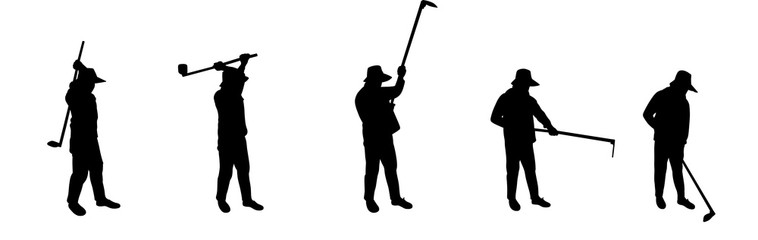 The farmer holding a hoe different character on white background. Silhouette vector design. Gardener, farm, agriculture. 