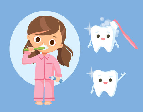 Little girl in pajamas brushing teeth with toothpaste. Picture  image symbol of smiling tooth. Dentist dental linik  icon.