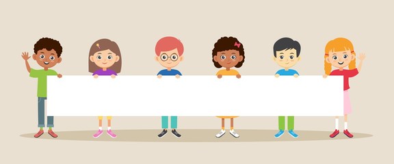 Children holding a big banner. Happy smiling multiracial kids with a blank poster. Template for advertising with empty place for text.