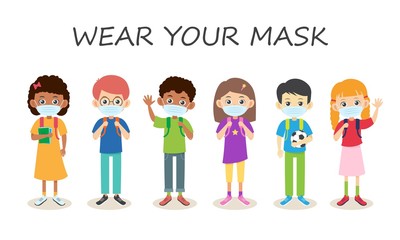 Wear your mask vector illustration with school boys and girls. New normal lifestyle concept. Happy kids wearing face mask. 