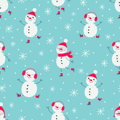 Christmas seamless pattern with snowmen ice skater and snowflakes.