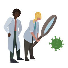 Flat illustration of a couple of international doctors studying the coronavirus molecule through magnifying glass. Scientists are studying the virus. The invention of the vaccine. Vector illustration