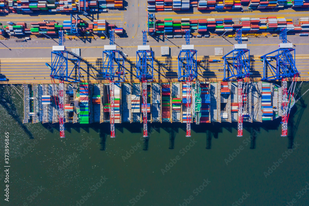Poster container ship from sea port working for delivery containers shipment and container warehouse backgr