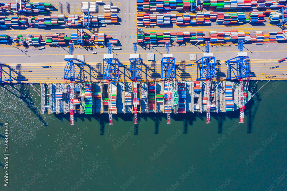 Poster container ship from sea port working for delivery containers shipment and container warehouse backgr