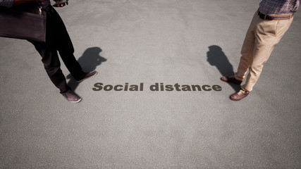 Concept or conceptual 3d illustration of two men meeting following social distance guidelines on a wooden floor background. A metaphor for the change in company relations during the lockdown
