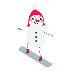 Vector illustration with snowman on skateboard.