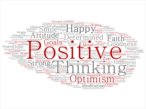 Vector concept, conceptual positive thinking, happy strong attitude abstract word cloud isolated on background. Collage of optimism smile, faith, courageous goals, goodness, happiness inspiration text