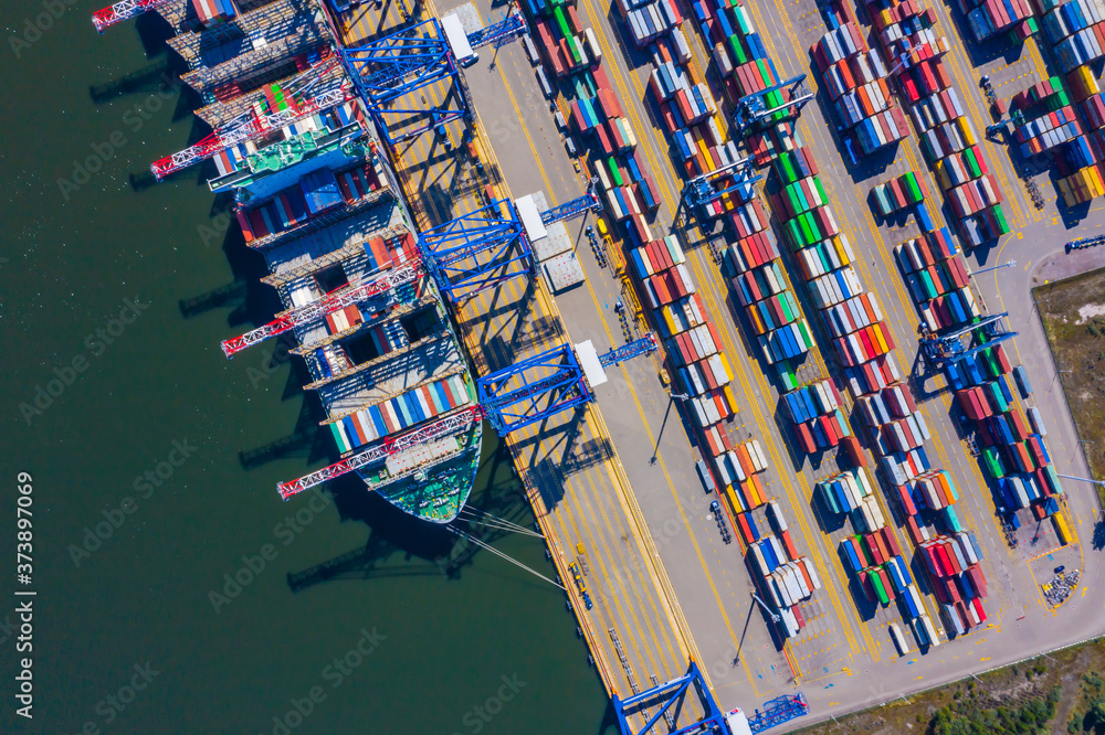 Poster container ship from sea port working for delivery containers shipment and container warehouse backgr
