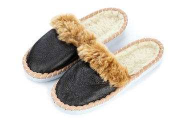 Warm indoor slippers on a white background. Clear warm domestic sandal.