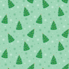 Christmas tree with balls, star, lights and snowflakes. Christmas tree with Christmas decorations. Christmas card.  Seamless pattern. Vector illustration.