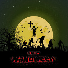 Halloween holiday. Horror. A graveyard with monsters under a yellow moon. Vampires and ghosts. Vector. EPS10