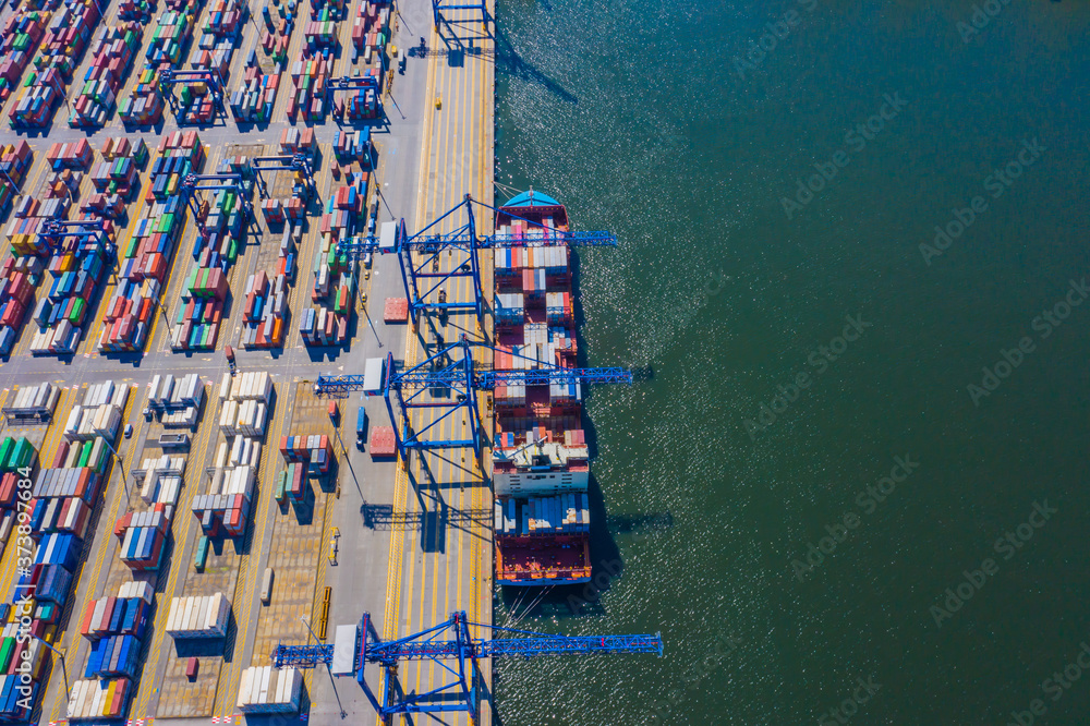 Poster aerial top view container cargo ship waiting for loading, import export business logistic and transp
