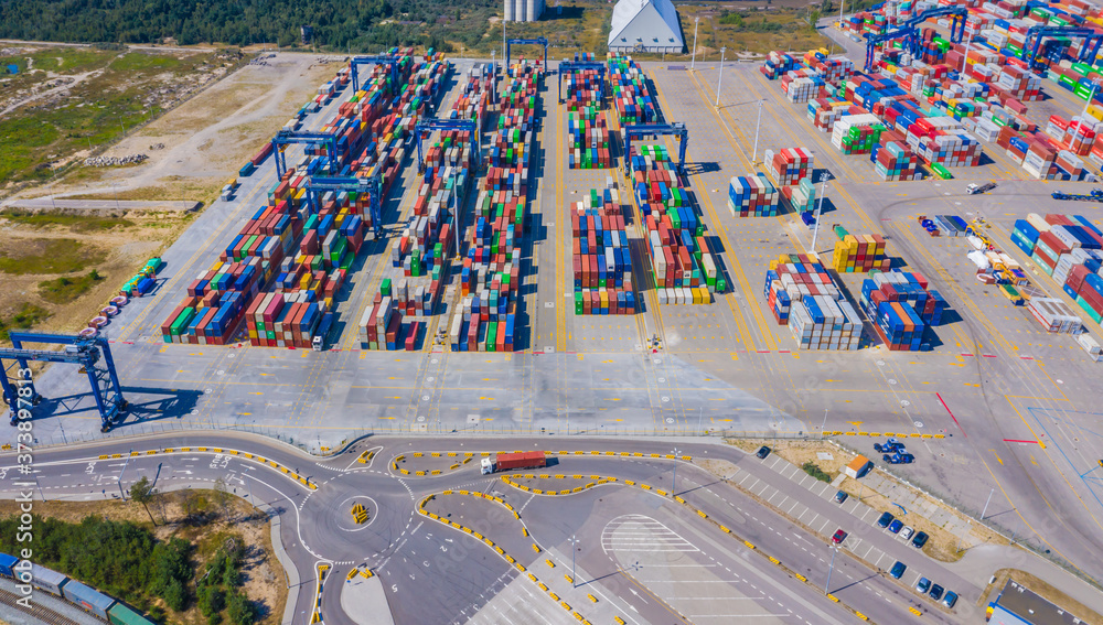 Poster aerial top view container cargo ship waiting for loading, import export business logistic and transp