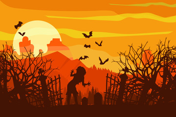 The rise of monsters in the canyon. Sunrise landscape. Cemetery. Halloween. Vector. EPS10
