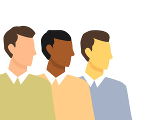 European, African and Asian men isolated on white background. Anti racism poster illustration. International teamwork. Set of three male profile portraits.