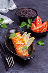 Roast salmon steak with unpolished rice