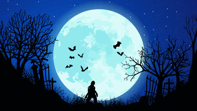 Silhouette of the Cemetery at a full moon. Halloween holiday. Horror. Vector. EPS10