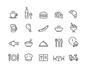 Restaurant line icon set with editable stroke. Outline collection of 20 symbols. Food and drink icons. Vector illustration. - obrazy, fototapety, plakaty