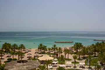 elevated viewpoint of palm trees and beach to the beautiful blue waters of the Persian Gulf