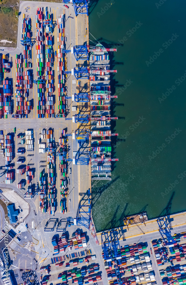 Poster container ship from sea port working for delivery containers shipment and container warehouse backgr