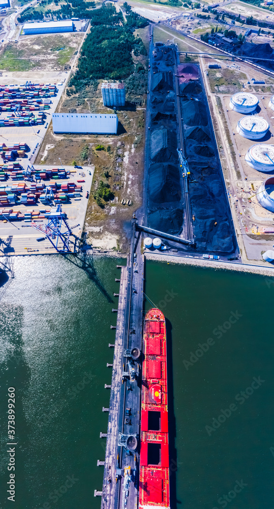 Poster container ship from sea port working for delivery containers shipment and container warehouse backgr