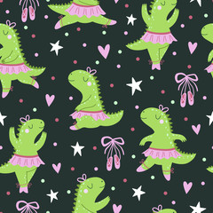 Seamless pattern with cartoon dinosaurs ballerinas on black background.