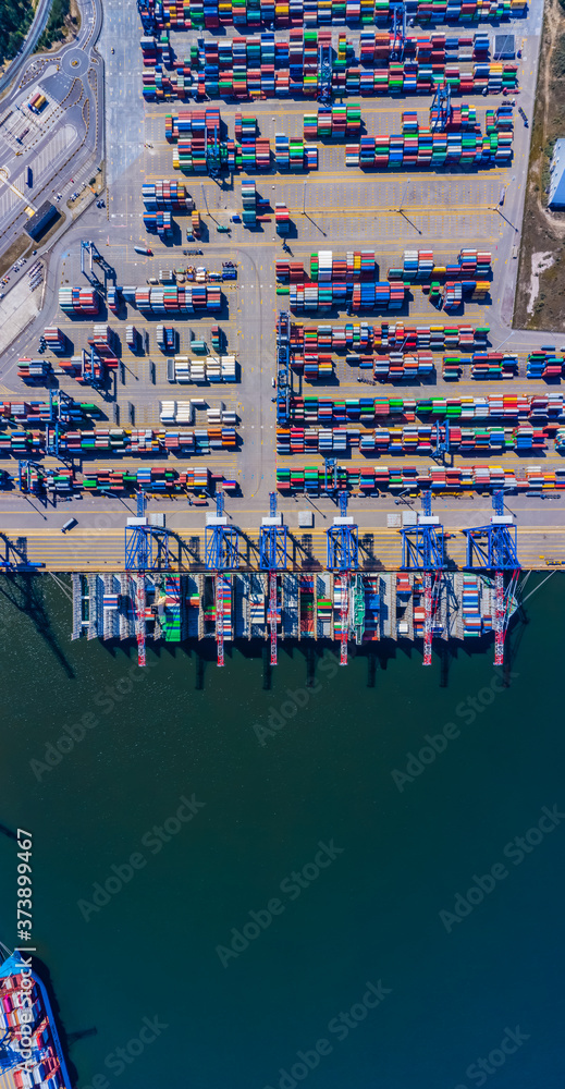 Poster container ship from sea port working for delivery containers shipment and container warehouse backgr