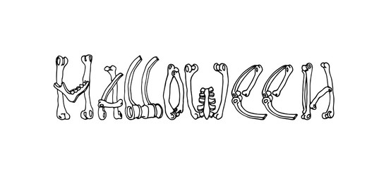 decorative halloween inscription from human bones for festive banner, poster, logo, vector illustration with black ink contour lines isolated on a white background in a doodle & hand drawn style