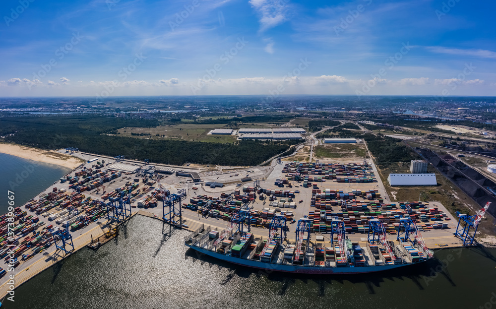 Poster container ship from sea port working for delivery containers shipment and container warehouse backgr