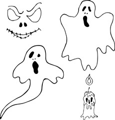 Vector illustration of ghosts, candles with a face for Halloween in the style of Doodle. The concept of the celebration, fear, horror, fun, Halloween. Can be used for fabric, textiles, paper