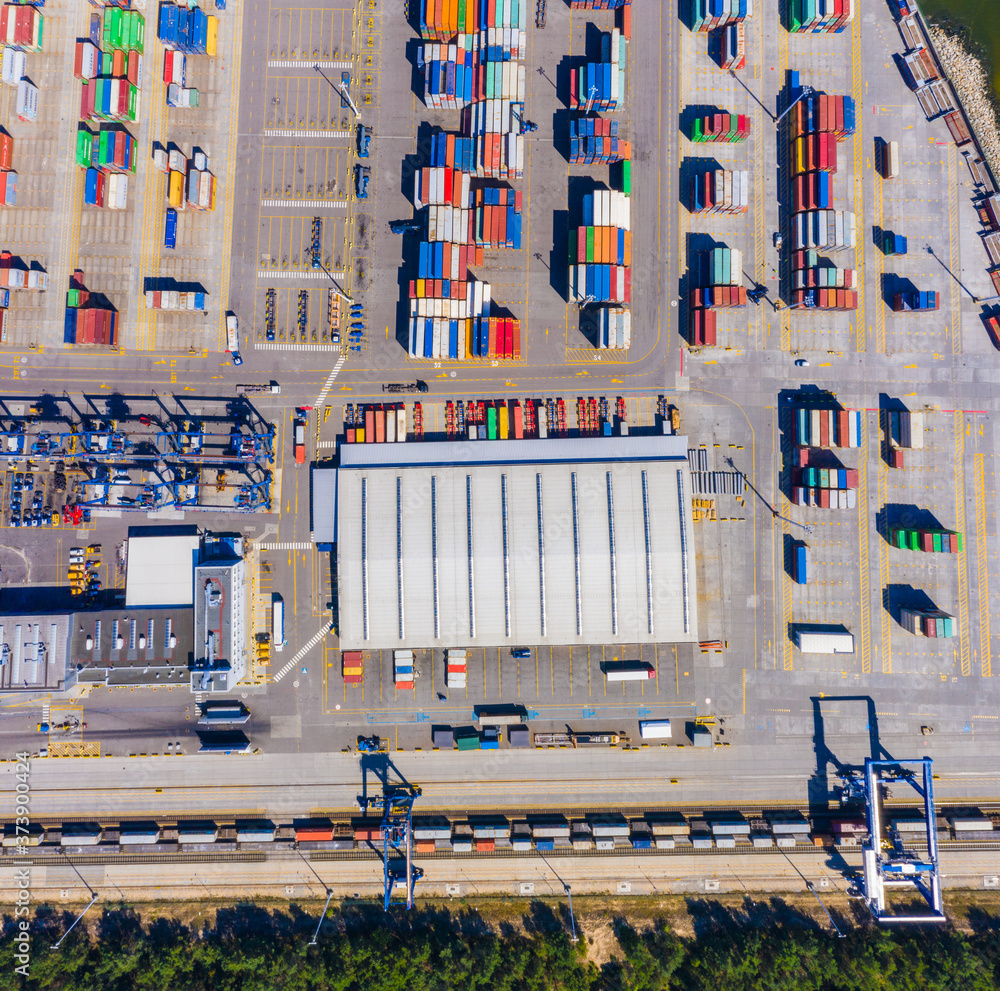 Poster container ship from sea port working for delivery containers shipment and container warehouse backgr