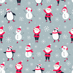 Christmas seamless pattern with Santa Claus, snowman and penguin.