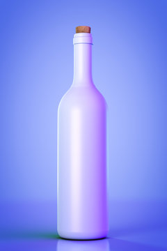 Decorative blue wine bottle with cork. Blue background.