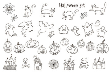 Halloween vector hand drawn line illustrations set