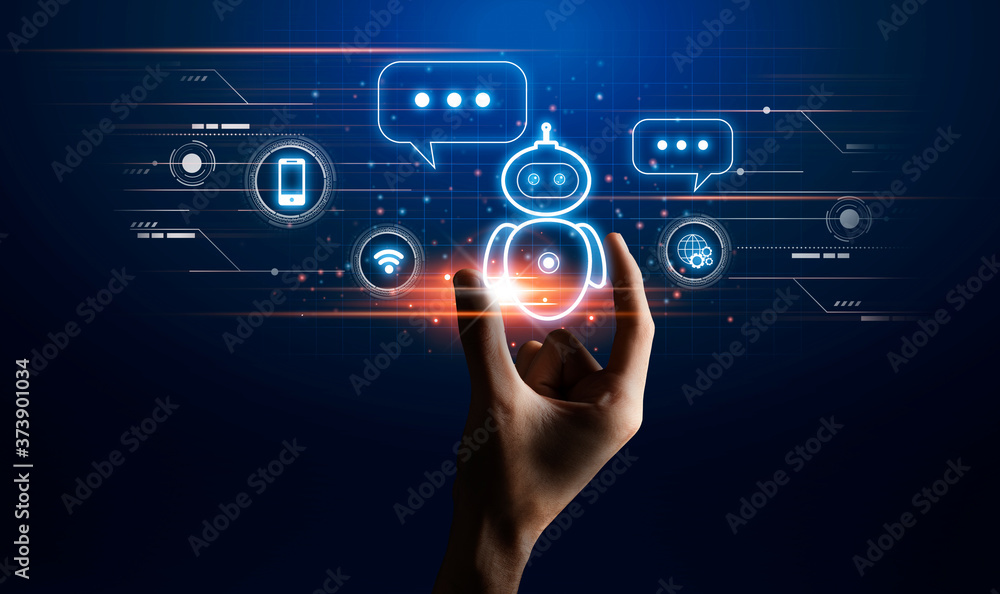 Poster virtual assistant. hand touching chatbot robot icon on digital screen, creative design