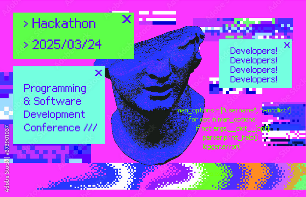 Poster Cyberpunk-style collage with fragmentary  colossal 3D head and pixel artifacts. Vaporwave and retrowave aesthetics from the 80s.