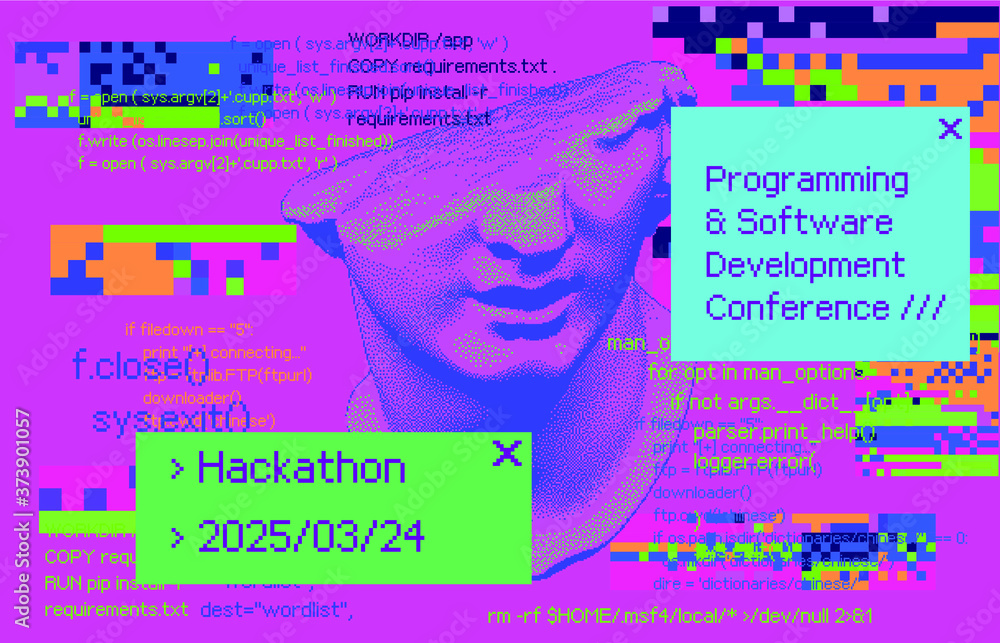 Poster Cyberpunk-style collage with fragmentary  colossal 3D head and pixel artifacts. Vaporwave and retrowave aesthetics from the 80s.